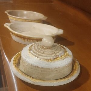 Vintage Mid Century Laurentian Art Pottery Butter Dish PLUS 2 Baking Dishes